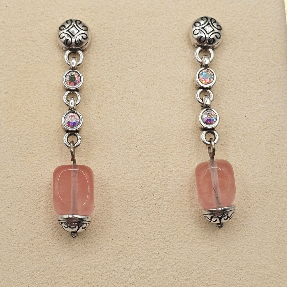 Brighton Dangle Earrings Rose Quartz AB Crystals Silver Plated 1.75" Pink Boho